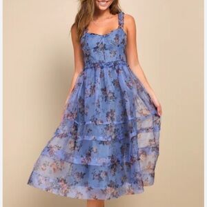 Lulu's Blue Floral Tiered Midi Skirt- spring